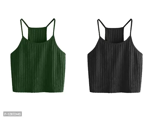 THE BLAZZE Women's Summer Basic Sexy Strappy Sleeveless Racerback Camisole Crop Top (XX-Large, Green Black)