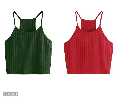 THE BLAZZE Women's Summer Basic Sexy Strappy Sleeveless Racerback Camisole Crop Top (Medium, Green Red)