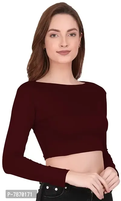 THE BLAZZE 1138 Women's Cotton Basic Sexy Solid Boat Neck Slim Fit Full Sleeve Saree Readymade Saree Blouse Crop Top T-Shirt for Women (Large(34?-36), Maroon)