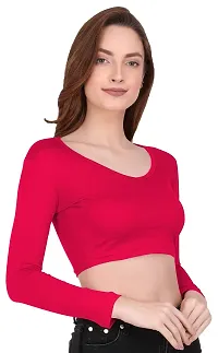 THE BLAZZE 1109 Women's Cotton Basic Sexy Solid V Neck Slim Fit Full Sleeve Saree Readymade Saree Blouse Crop Top T-Shirt for Women-thumb5