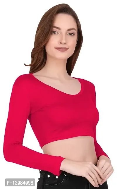 THE BLAZZE 1109 Women's Cotton Basic Sexy Solid V Neck Slim Fit Full Sleeve Saree Readymade Saree Blouse Crop Top T-Shirt for Women-thumb6