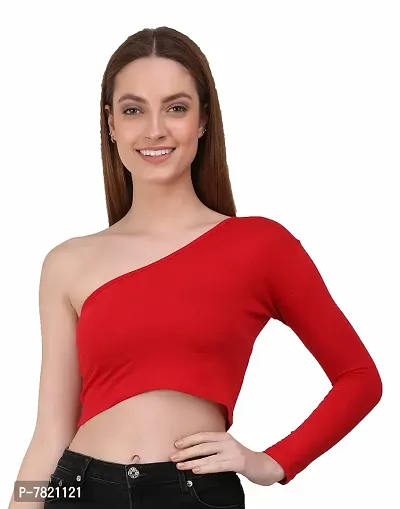 THE BLAZZE 1289 Women's Cotton One Shoulder Full Sleeve Crop Tops for Women (XL, Red)