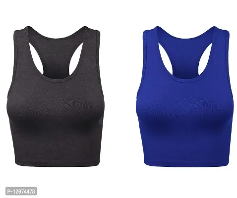 THE BLAZZE Women's Cotton Racerback Basic Crop Tank Tops (Small, Charcoal Melange Royal Blue)-thumb0