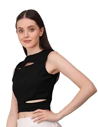 AD2CART A1677 Women's Solid Crew Neck Stretchy Cut Out Ribbed Crop Top-thumb3