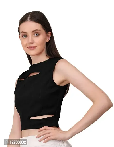 AD2CART A1677 Women's Solid Crew Neck Stretchy Cut Out Ribbed Crop Top-thumb4