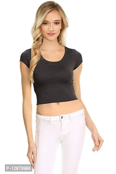 THE BLAZZE 1051 Women's Basic Sexy Solid Scoop Neck Slim Fit Short Sleeves Crop Tops