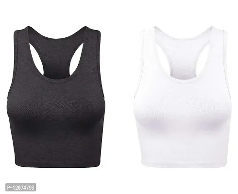 THE BLAZZE Women's Cotton Racerback Basic Crop Tank Tops (Large, Charcoal Melange White)-thumb0