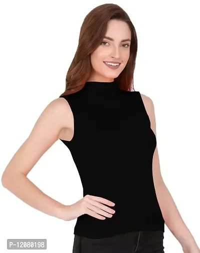 Women's Plain Black Sleeveless High Neck/Turtle Neck Top Stretch Slim Cotton T-Shirt FDor Women-thumb4