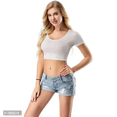 THE BLAZZE 1053 Women's Basic Sexy Solid Scoop Neck Slim Fit Half Sleeve Crop Top T-Shirt for Women (XX-Large(38�-40), D - Grey)-thumb4