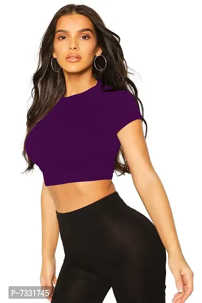 THE BLAZZE 1121 Women's Casual and Comfort Cap Sleeve Solid Crew Round Neck Crop Top (L, Violet)