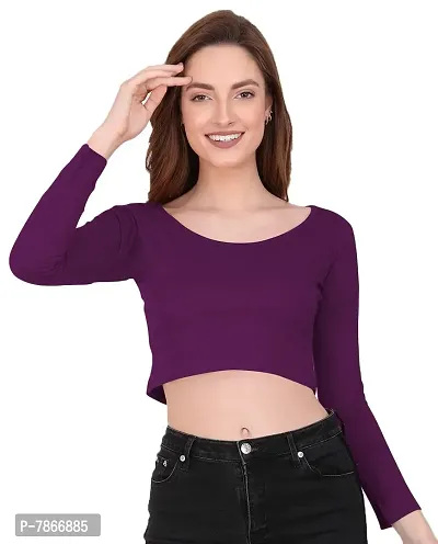 THE BLAZZE 1059 Women's Cotton Basic Sexy Solid Scoop Neck Slim Fit Full Sleeve Saree Readymade Saree Blouse Crop Top T-Shirt for Women (Large(34?-36), Violet)-thumb4