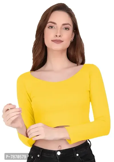 THE BLAZZE 1059 Women's Cotton Basic Sexy Solid Scoop Neck Slim Fit Full Sleeve Saree Readymade Saree Blouse Crop Top T-Shirt for Women (Small(30-32), F - Yellow)