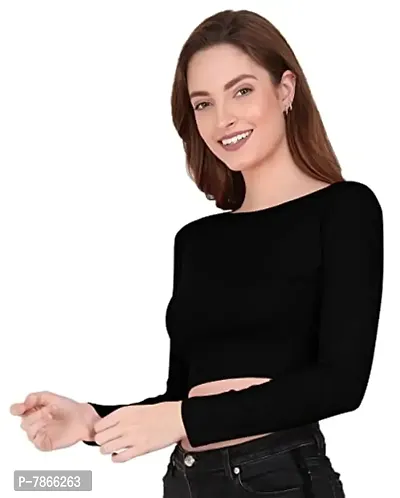 THE BLAZZE 1138 Women's Basic Sexy Solid Boat Neck Slim Fit Full Sleeve Crop Top T-Shirt for Women (Large(34?-36),A - Black)-thumb0