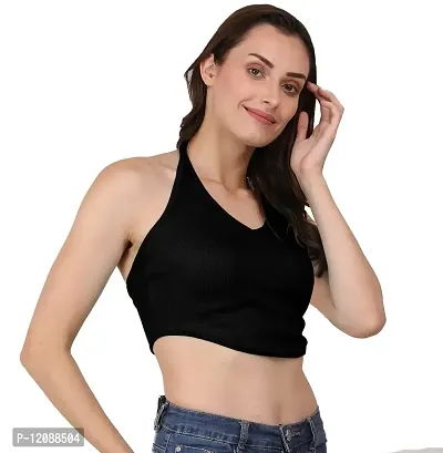 AD2CART A1590 Women's Casual Stretchy V Neck Halter Top Sleeveless Crop Tops for Women-thumb0