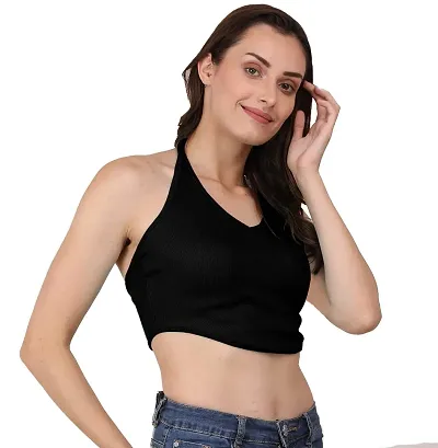 AD2CART A1590 Women's Casual Stretchy V Neck Halter Top Sleeveless Crop Tops for Women