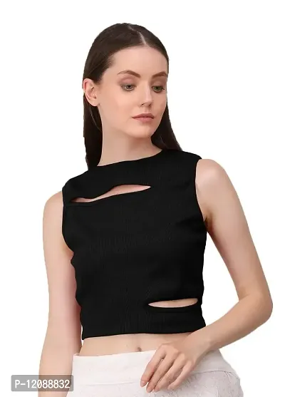 AD2CART A1677 Women's Solid Crew Neck Stretchy Cut Out Ribbed Crop Top-thumb0
