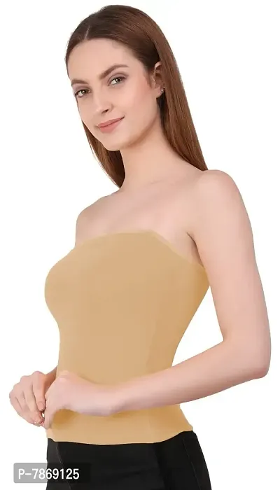 THE BLAZZE 1038 Women's Basic Sexy Solid Strappy Sleeveless Long Bandeau Bra Basic Layering Bralette Seamless Non-Padded Camisole Crop Top Tube Top (Large, D - Beige)-thumb3