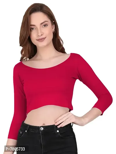 THE BLAZZE 1057 Women's Basic Sexy Solid Scoop Neck Slim Fit 3/4 Sleeve Crop Top (Medium(32-34), Dark Pink)