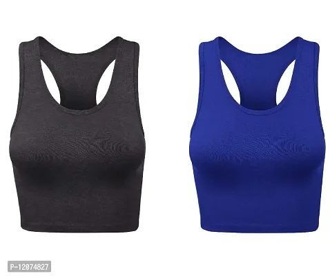 THE BLAZZE Women's Cotton Racerback Basic Crop Tank Tops (X-Large, Charcoal Melange Royal Blue)