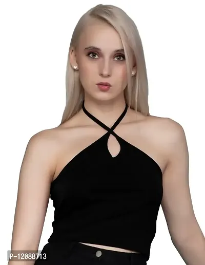 AD2CART A1671 Women's Lycra Notch Neck Stretchy Casual Solid Sleeveless Crop Top(M,Color_01)