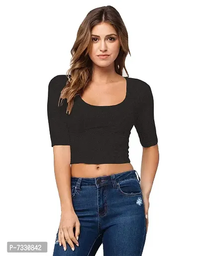 THE BLAZZE 1055 Women's Basic Sexy Solid Scoop Neck Slim Fit Short Sleeves Crop Tops (Large(34�-36 ), Charcoal Melange)