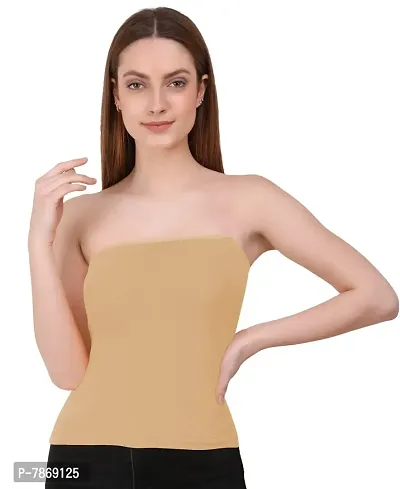 THE BLAZZE 1038 Women's Basic Sexy Solid Strappy Sleeveless Long Bandeau Bra Basic Layering Bralette Seamless Non-Padded Camisole Crop Top Tube Top (Large, D - Beige)