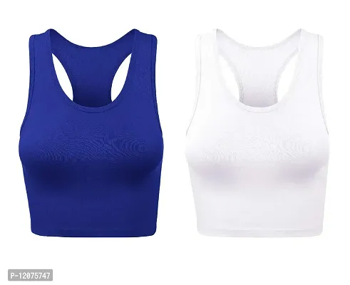 THE BLAZZE Women's Cotton Racerback Basic Crop Tank Tops (Large, Royal Blue White)-thumb0