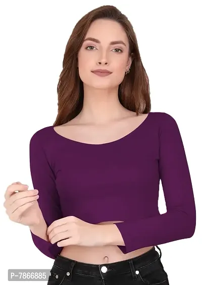 THE BLAZZE 1059 Women's Cotton Basic Sexy Solid Scoop Neck Slim Fit Full Sleeve Saree Readymade Saree Blouse Crop Top T-Shirt for Women (Large(34?-36), Violet)-thumb0