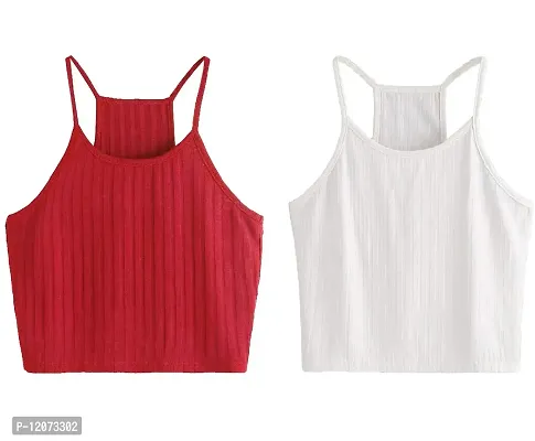 THE BLAZZE Women's Summer Basic Sexy Strappy Sleeveless Racerback Camisole Crop Top (X-Large, Red White)