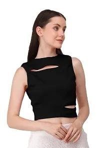 AD2CART A1677 Women's Solid Crew Neck Stretchy Cut Out Ribbed Crop Top-thumb2