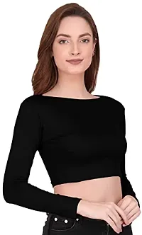 THE BLAZZE 1138 Women's Basic Sexy Solid Boat Neck Slim Fit Full Sleeve Crop Top T-Shirt for Women (Large(34?-36),A - Black)-thumb2