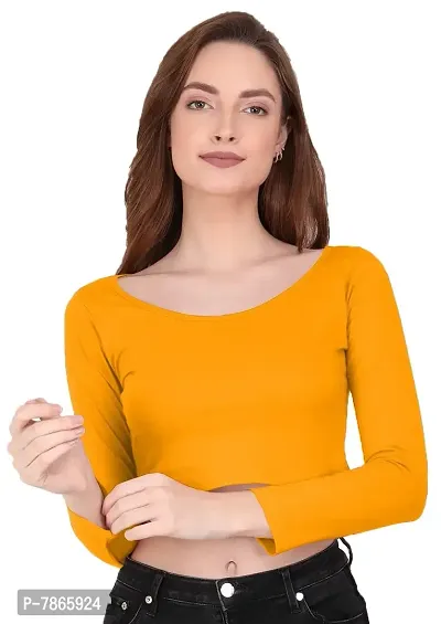 THE BLAZZE 1059 Women's Cotton Basic Sexy Solid Scoop Neck Slim Fit Full Sleeve Saree Readymade Saree Blouse Crop Top T-Shirt for Women (Small(30-32), Golden Yellow)