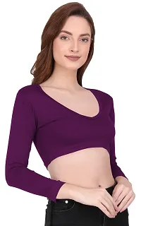 THE BLAZZE 1099 Women's Cotton Basic Sexy Solid V Neck Slim Fit Full Sleeve Saree Readymade Saree Blouse Crop Top T-Shirts for Women (M, Violet)-thumb2