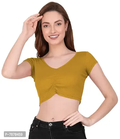 THE BLAZZE 1151 Women's Basic Sexy V Neck Slim Fit Crop Top T-Shirt for Women (X-Small, Mustard Yellow)-thumb4