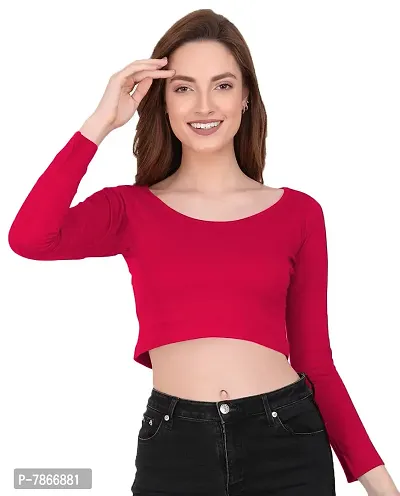 THE BLAZZE 1059 Women's Basic Sexy Solid Scoop Neck Slim Fit Full Sleeve Crop Top T-Shirt for Women (XX-Large(38?-40), Pink)-thumb5