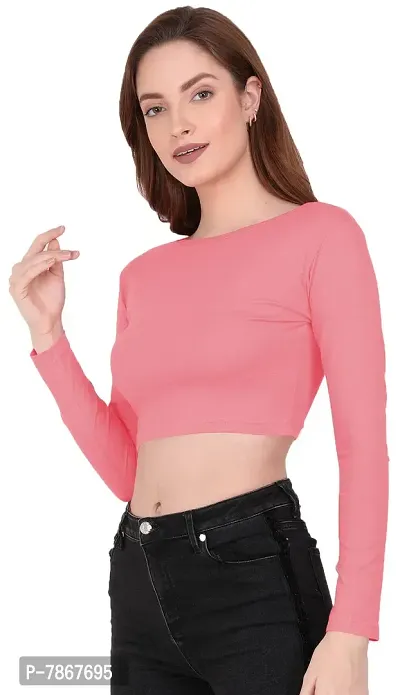 THE BLAZZE 1138 Women's Basic Sexy Solid Boat Neck Slim Fit Full Sleeve Crop Top T-Shirt for Women (Large(34?-36), Light Pink)-thumb4