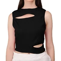 AD2CART A1677 Women's Solid Crew Neck Stretchy Cut Out Ribbed Crop Top-thumb4