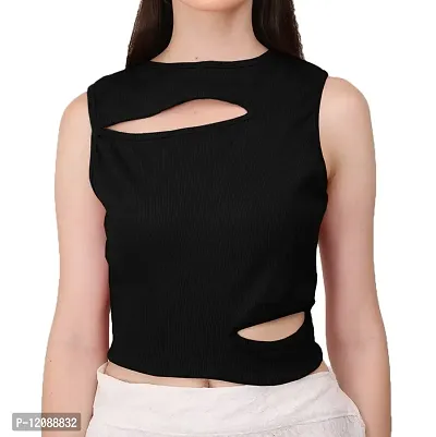 AD2CART A1677 Women's Solid Crew Neck Stretchy Cut Out Ribbed Crop Top-thumb5