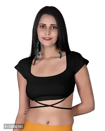 AD2CART A4301 Women's Cotton Square Neck Criss Cross Butterfly Sleeves Adjustable Drawstring Crop Tops Readymade Saree Blouse for Women(L, Black)