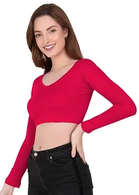 THE BLAZZE 1109 Women's Cotton Basic Sexy Solid V Neck Slim Fit Full Sleeve Saree Readymade Saree Blouse Crop Top T-Shirt for Women-thumb2