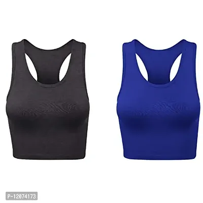 THE BLAZZE Women's Cotton Racerback Basic Crop Tank Tops (XX-Large, Charcoal Melange Royal Blue)