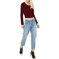 THE BLAZZE 1089 Women's Basic Sexy Solid Round Neck Slim Fit Full Sleeve Crop Top T-Shirt for Women (X-Small, Maroon)-thumb2