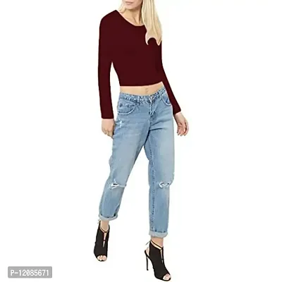 THE BLAZZE 1089 Women's Basic Sexy Solid Round Neck Slim Fit Full Sleeve Crop Top T-Shirt for Women (X-Small, Maroon)-thumb3