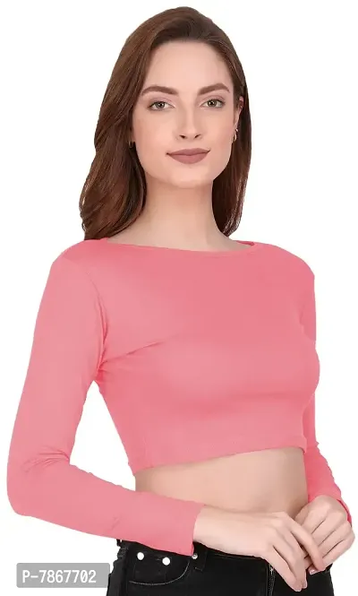 THE BLAZZE 1138 Women's Cotton Basic Sexy Solid Boat Neck Slim Fit Full Sleeve Saree Readymade Saree Blouse Crop Top T-Shirt for Women (Small, Light Pink)-thumb3