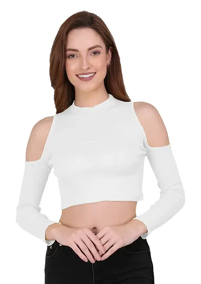 THE BLAZZE 1177 Women's Sexy Casual Cold Shoulder Full Sleevee Top Short T-Shirt Readymade Saree Blouse Crop Top for Women (Large(34?-36 ), B - White)