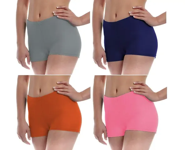 THE BLAZZE Women's Seamless Spandex Boyshort Underskirt Pant Short Leggings (L, Grey+Navy+Orange+Pink)