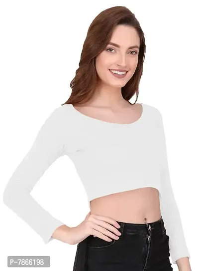 THE BLAZZE 1059 Women's Basic Sexy Solid Scoop Neck Slim Fit Full Sleeve Crop Top T-Shirt for Women (Medium(32-34), B - White)-thumb3