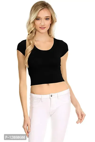 THE BLAZZE 1051 Women's Basic Sexy Solid Scoop Neck Slim Fit Short Sleeves Crop Tops (Large(34?-36""), A - Black)-thumb0