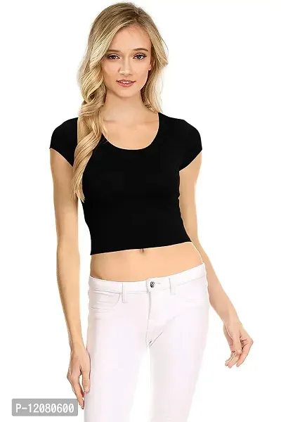 THE BLAZZE 1051 Women's Basic Sexy Solid Scoop Neck Slim Fit Short Sleeves Crop Tops (Large(34?-36""), A - Black)