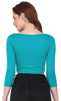 THE BLAZZE 1057 Women's Basic Sexy Solid Scoop Neck Slim Fit 3/4 Sleeve Crop Top (M, Turquoise Blue)-thumb2